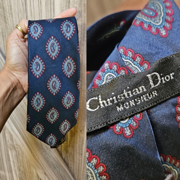 Christian Dior Silk Tie Navy Red Art Deco Paisley - Picture 1 of 12